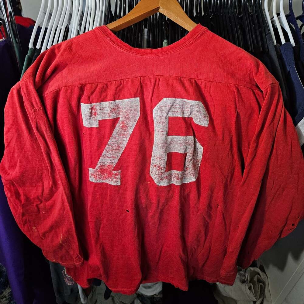 Vintage 76 Number Distressed Jersey Red Long Sleeve Shirt